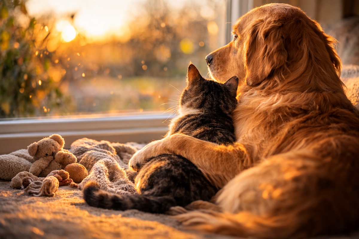 Dog and cat sitting together showing the bond between companion pets by Infinity Pet Crematorium Thornton-le-Dale North Yorkshire