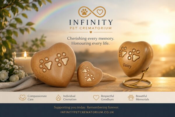 Amberley Heart Paw Print Urn Casket Beechwood 60cc and 350cc Infinity Pet Crematorium