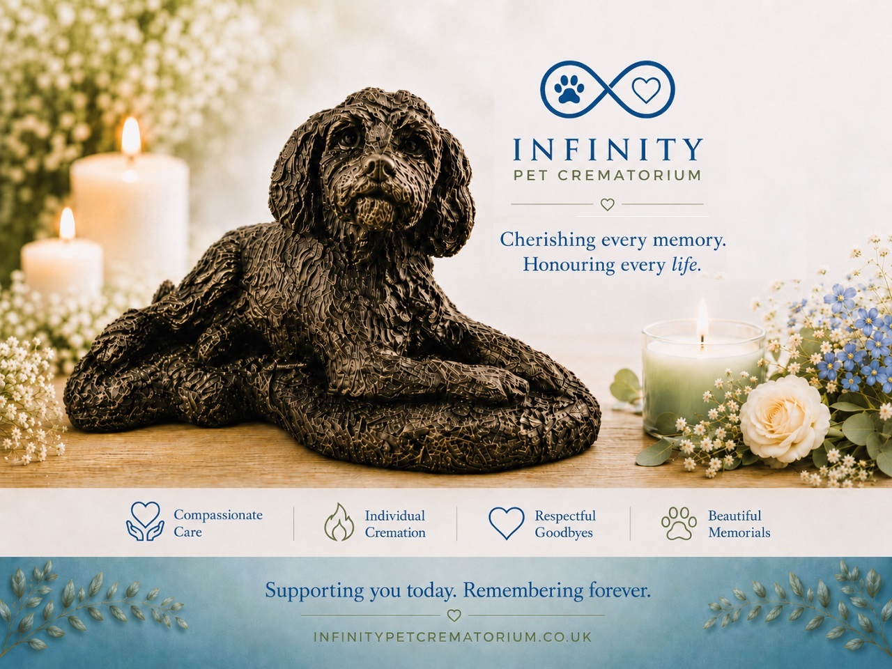Cockapoo Figurine Ashes Urn Black Bronze Resin Finish Infinity Pet Crematorium