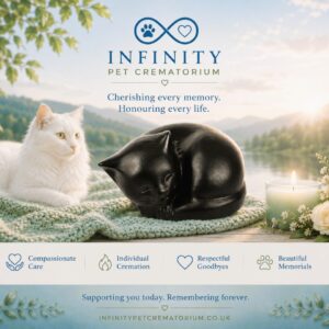Sleeping Cat Urn Black Wood Effect Finish Infinity Pet Crematorium