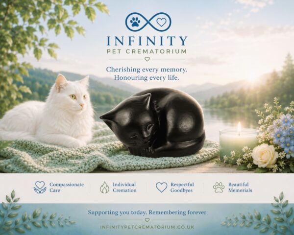 Sleeping Cat Urn Black Wood Effect Finish Infinity Pet Crematorium