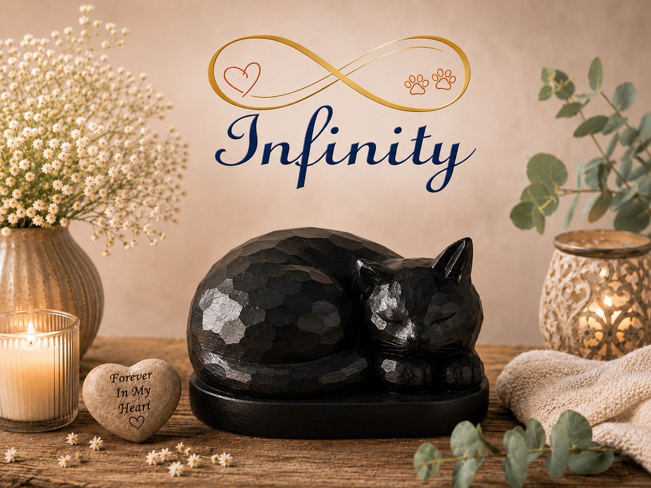 Curled Up Cat Black Wood Effect Finish Lifestyle Infinity Pet Crematorium