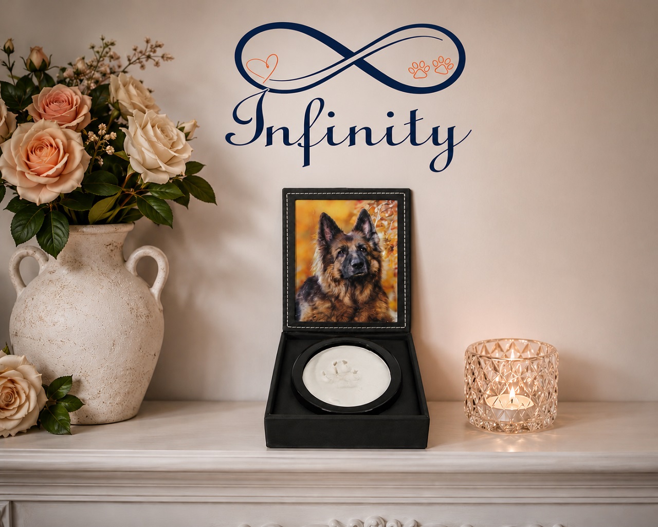 Pet Remembrance Paw Print With Photo Leather Effect Finish Infinity Pet Crematorium