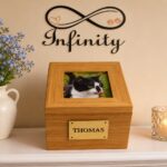 Pet Tribute Ashes Casket With Photo Natural Wood Effect Finish 1 Infinity Pet Crematorium