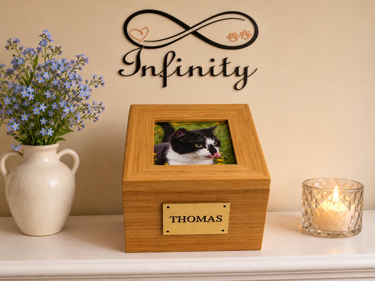Pet Tribute Ashes Casket With Photo Natural Wood Effect Finish 1 Infinity Pet Crematorium