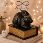 Rabbit On Book Figurine Urn Black Resin Finish Lifestyle Infinity Pet Creamatorium