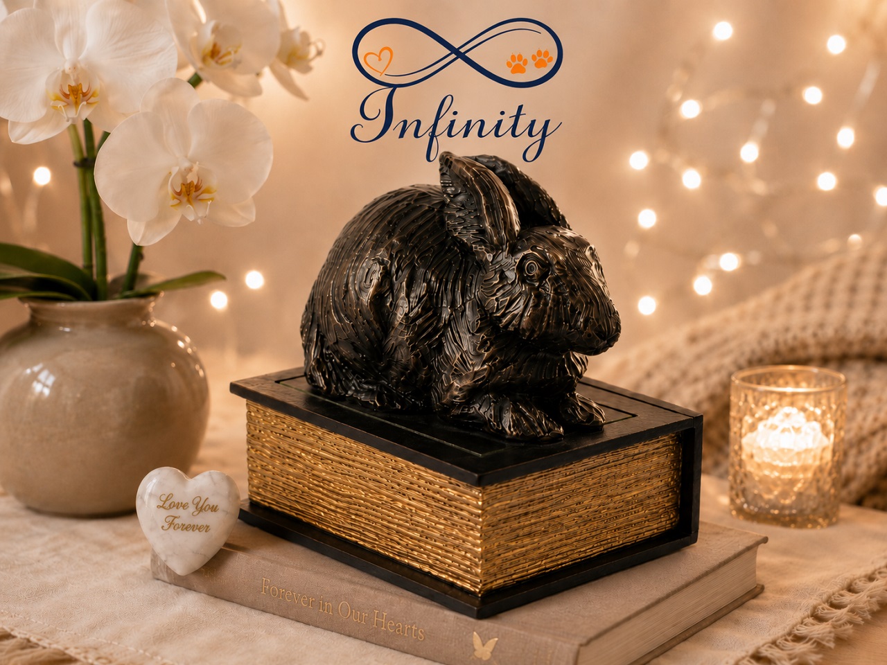 Rabbit On Book Figurine Urn Black Resin Finish Lifestyle Infinity Pet Creamatorium