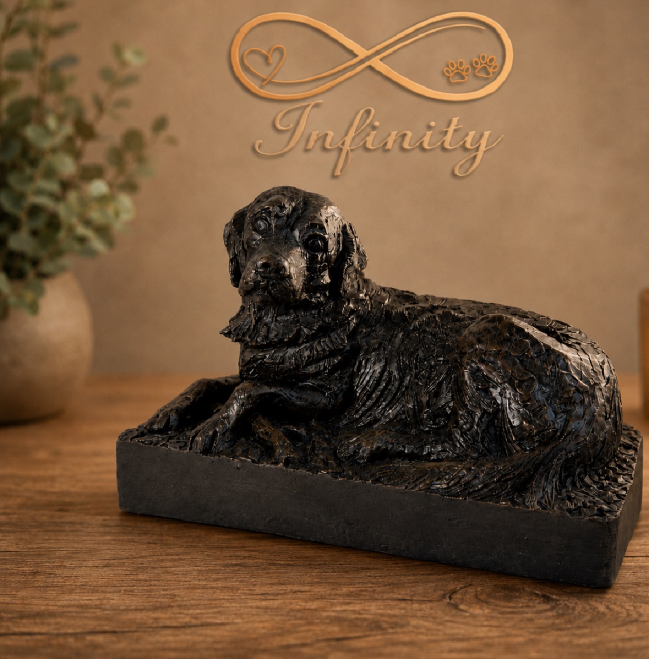 Retriever Figurine Urn Black Resin Finish Infinity Pet Crematorium