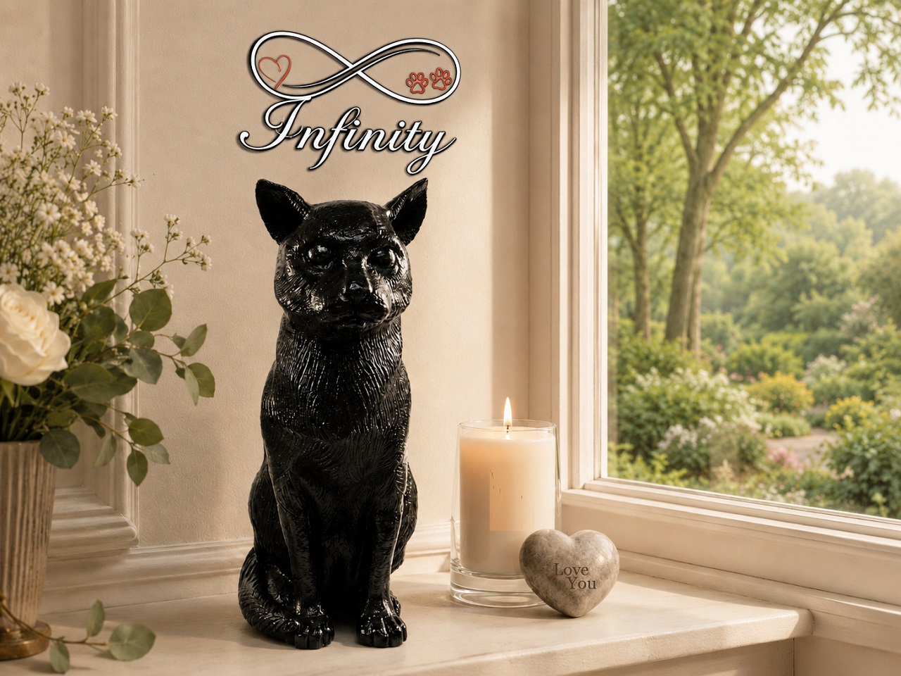Sitting Cat Figurine Urn Black Resin Finish Infinity Pet Crematorium