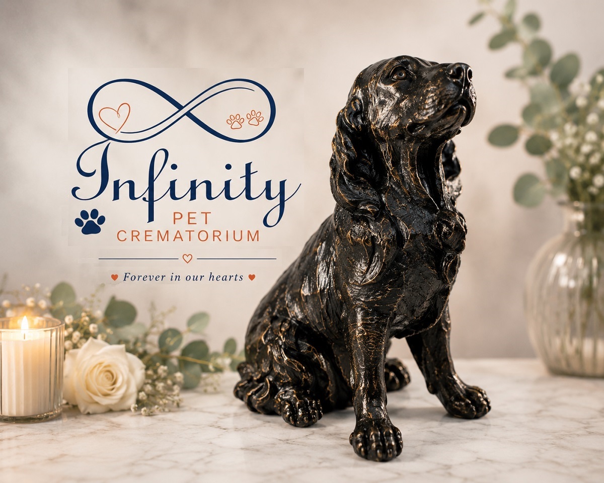 Spaniel Figurine Ashes Urn Black Bronze Resin Finish Infinity Pet Crematorium