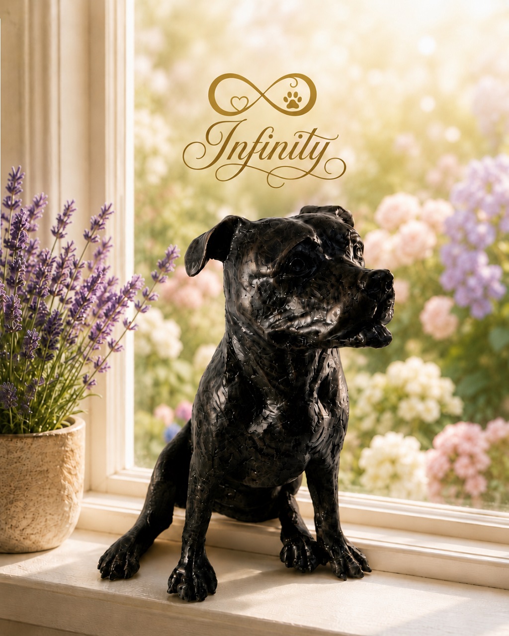 Staffordshire Bull Terrier Figurine Ashes Urn Black Bronze Resin Finish Infinity Pet Crematorium