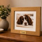 Tribute Frame Oak Wood 1 photo mount lifestyle view with engraving of pet name Infinity Pet Crematorium
