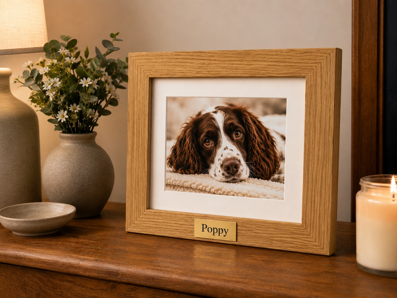 Tribute Frame Oak Wood 1 photo mount lifestyle view with engraving of pet name Infinity Pet Crematorium
