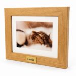 Tribute Frame Oak Wood 1 photo mount side view with engraving of pet name Infinity Pet Crematorium