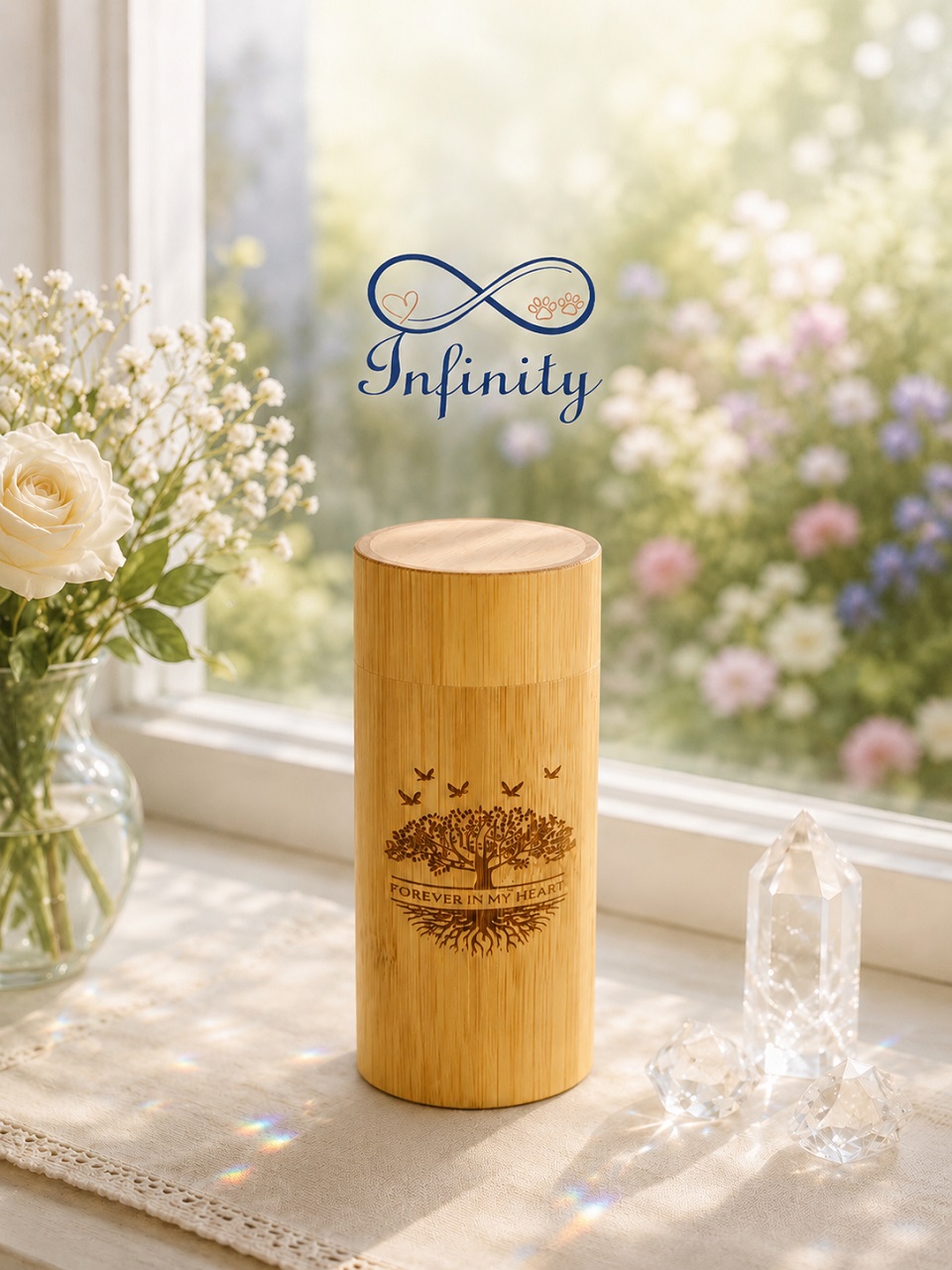 Forever In My Heart Bamboo Cylinder Pet Ashes Casket Infinity Pet Crematorium