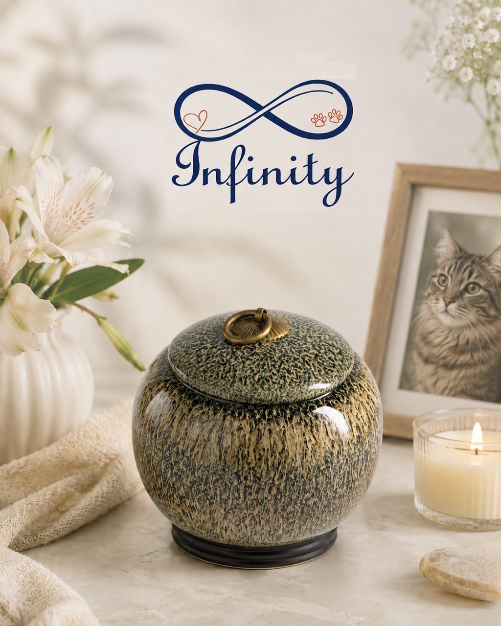 Green Cream Speckled Pet Ashes Urn Ceramic Style Finish Infinity Pet Crematorium