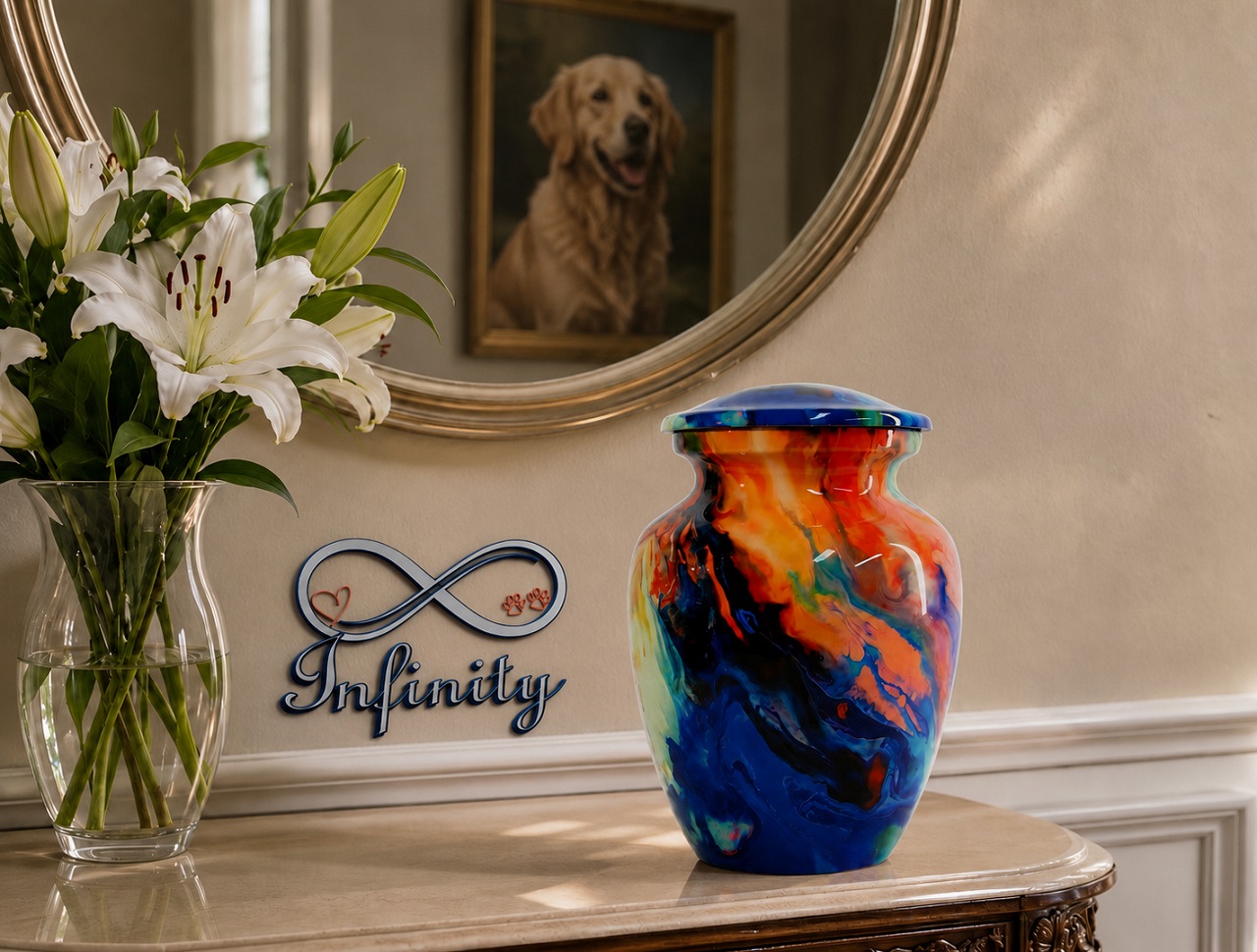 Rainbow Swirls Pet Ashes Urn Ceramic Style Finish Infinity Pet Crematorium