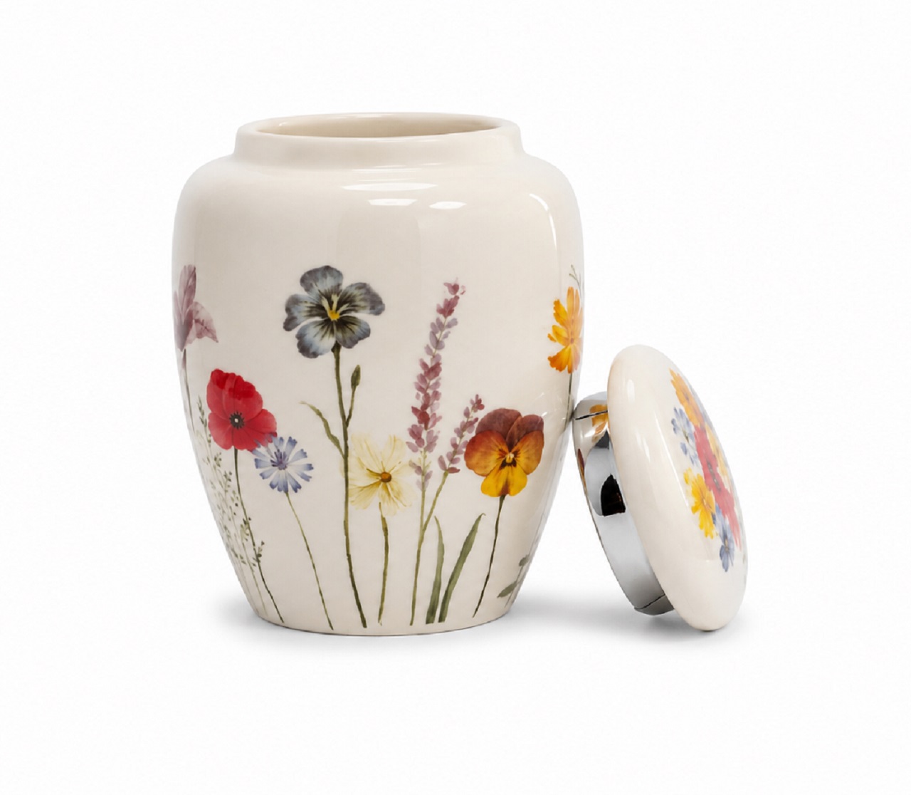 White Floral Butterfly Pet Urn Ceramic Style Finish