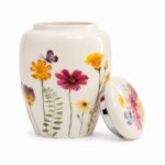 White Floral Butterfly Pet Urn Ceramic Style Finish