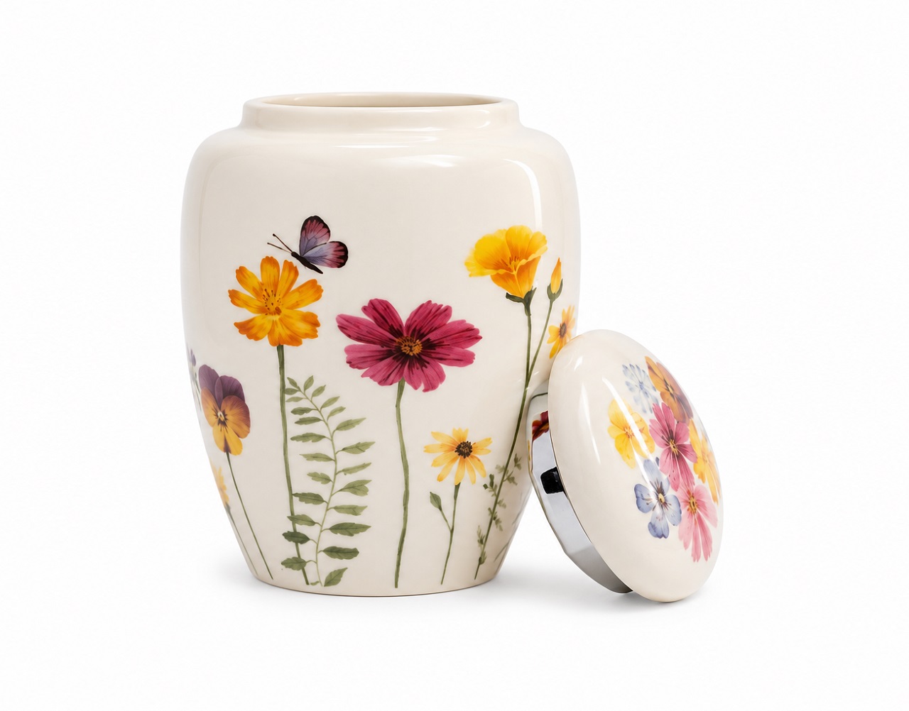 White Floral Butterfly Pet Urn Ceramic Style Finish