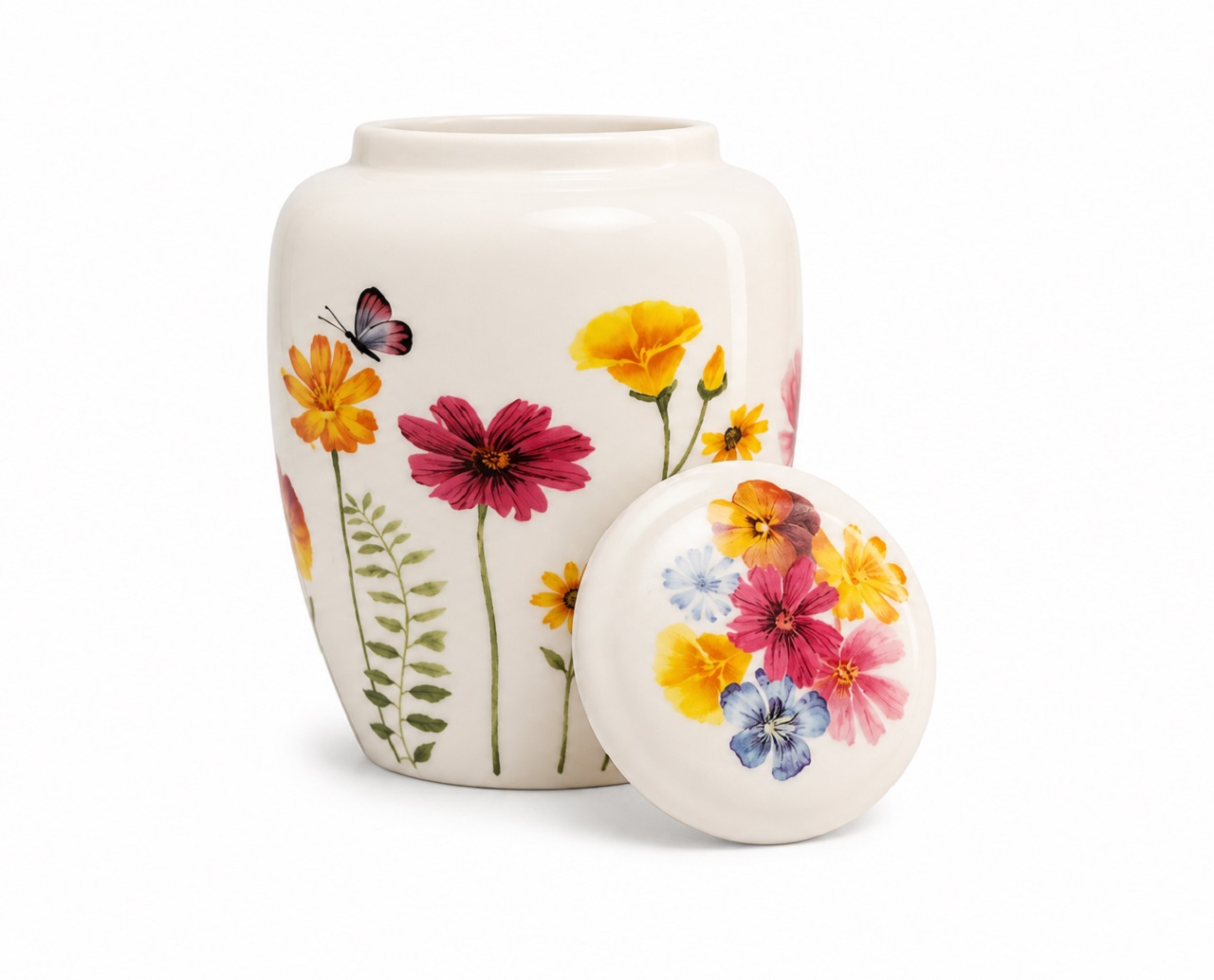 White Floral Butterfly Pet Urn Ceramic Style Finish