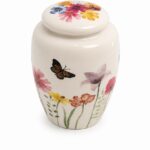 White Floral Butterfly Pet Urn Ceramic Style Finish