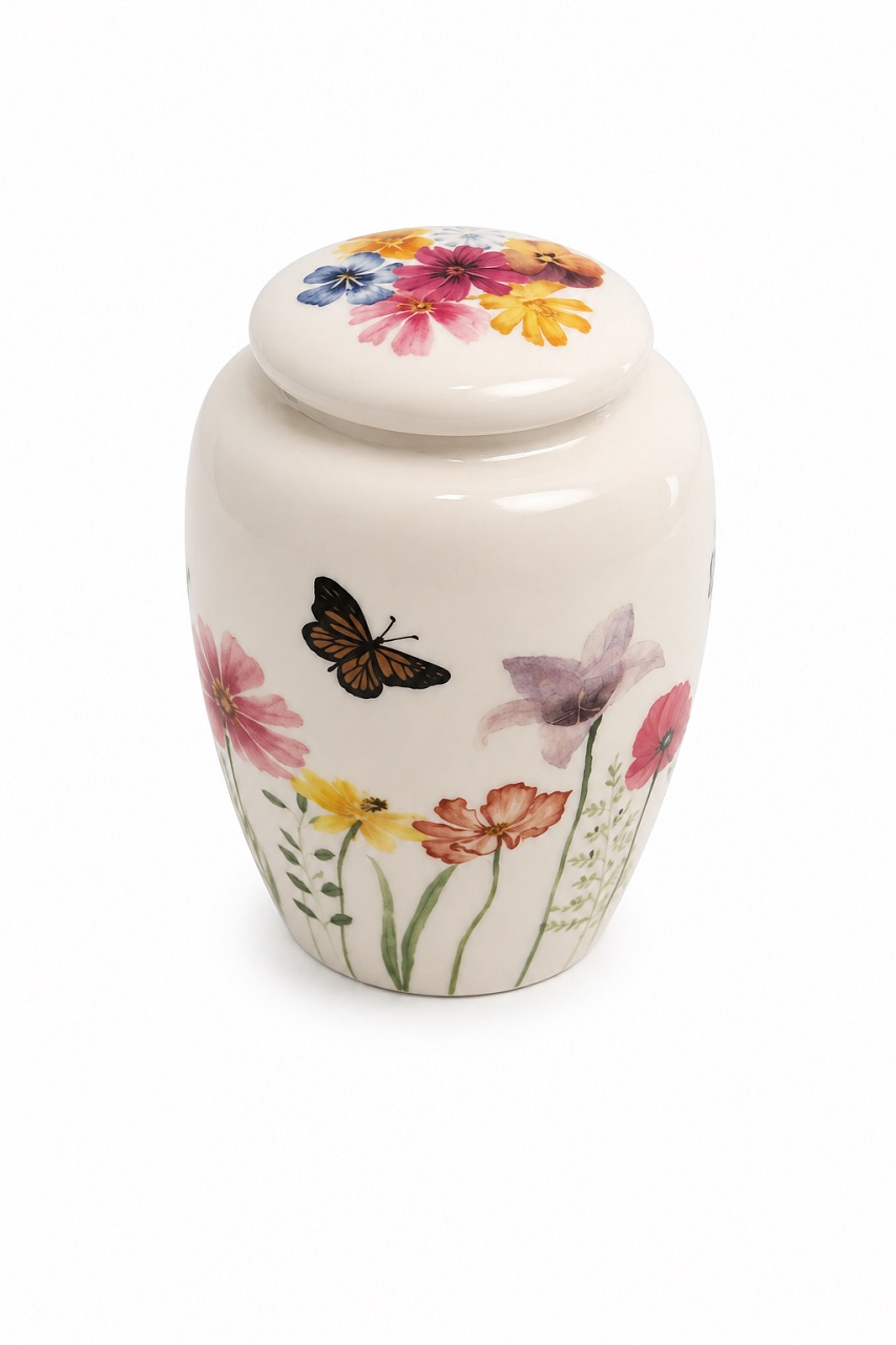 White Floral Butterfly Pet Urn Ceramic Style Finish