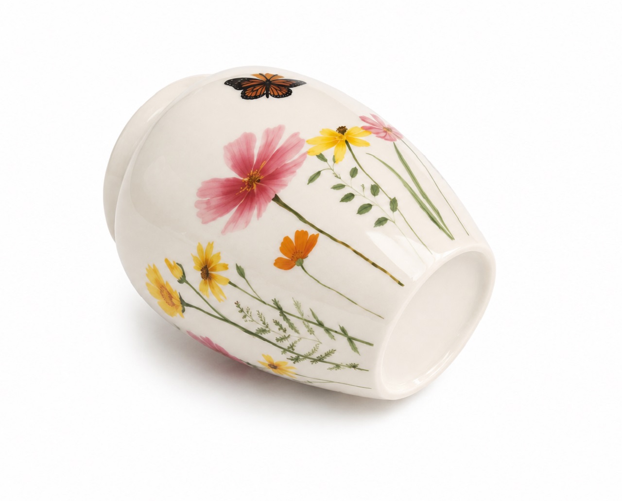 White Floral Butterfly Pet Urn Ceramic Style Finish