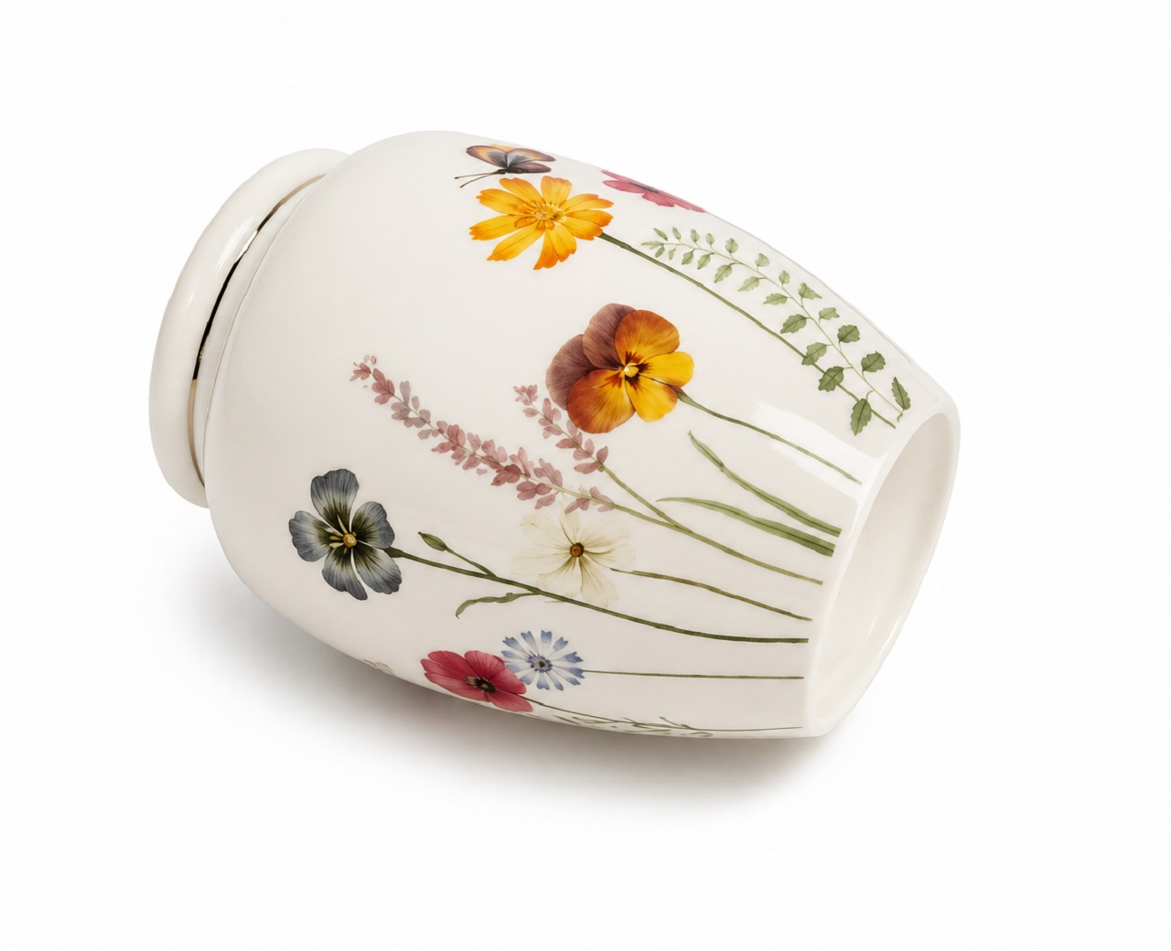 White Floral Butterfly Pet Urn Ceramic Style Finish