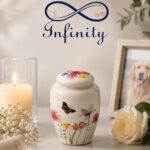 White Floral Butterfly Pet Urn Ceramic Style Finish Infinity Pet Crematorium
