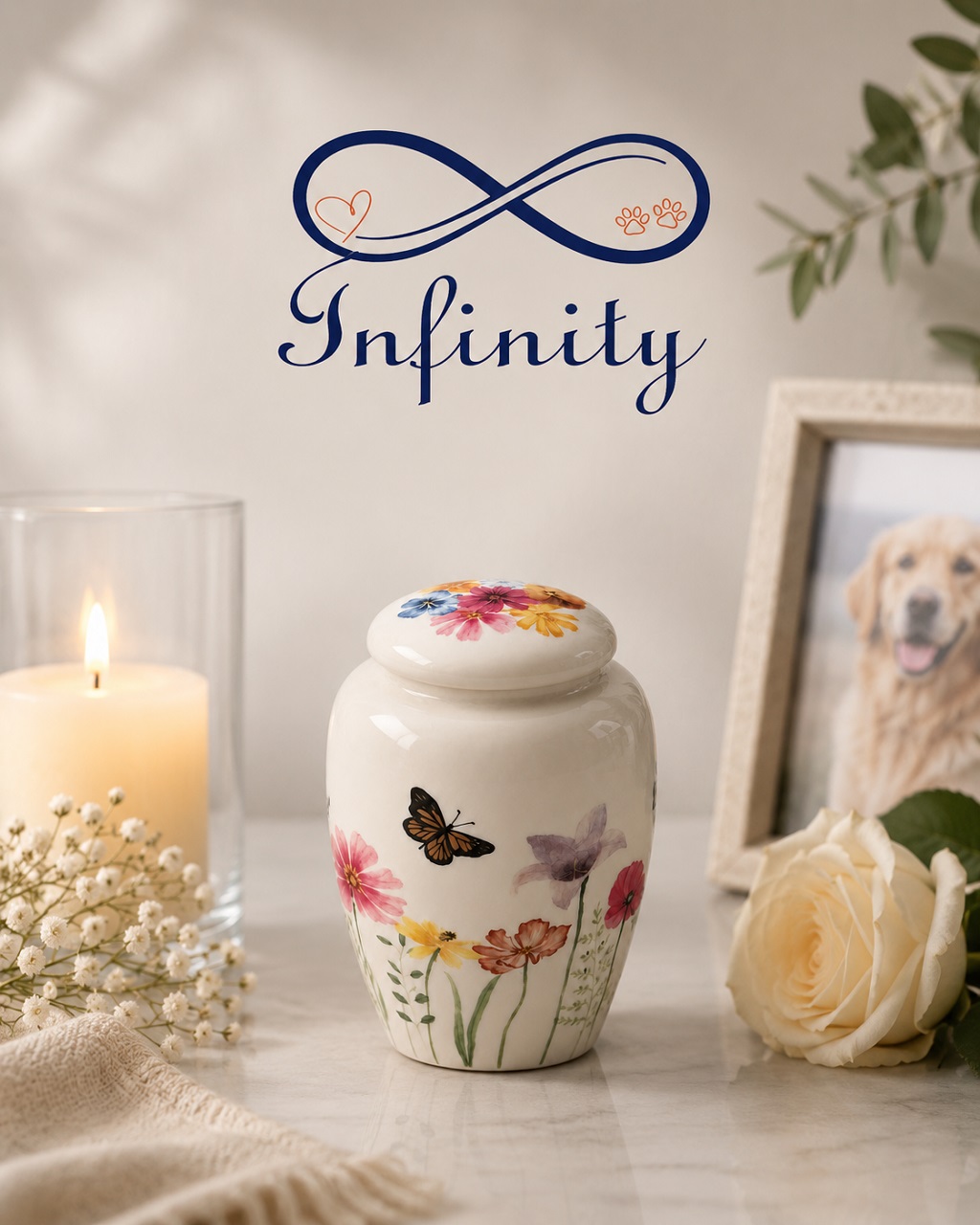 White Floral Butterfly Pet Urn Ceramic Style Finish Infinity Pet Crematorium