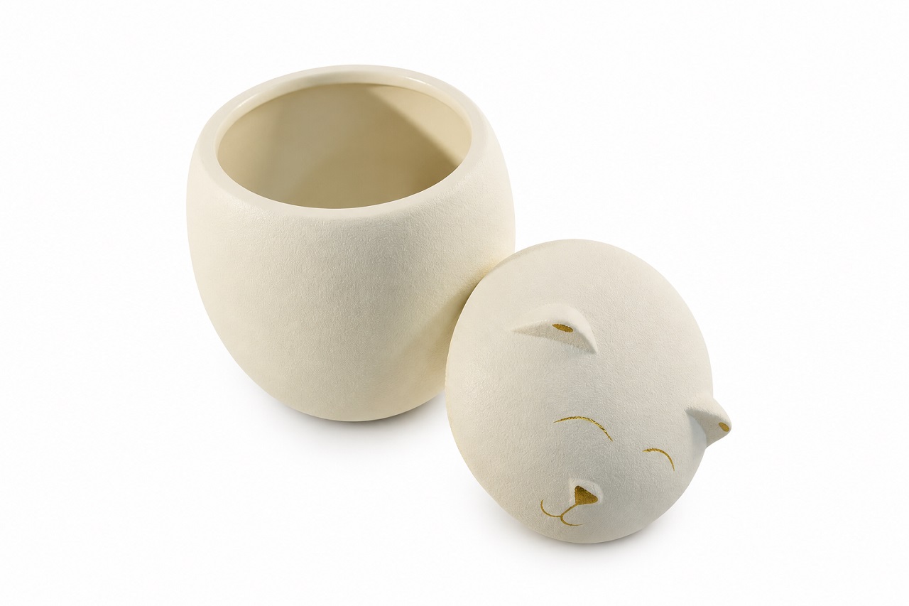White Gold Cat Dog Face Urn Ceramic Style Finish