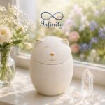 White Gold Cat Face Urn Ceramic Style Finish Infinity Pet Crematorium