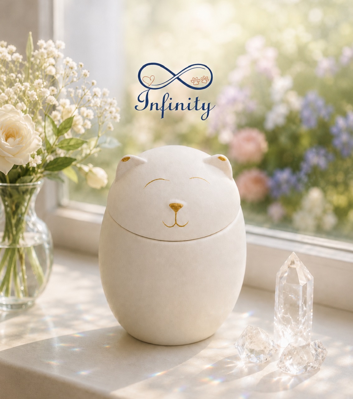 White Gold Cat Face Urn Ceramic Style Finish Infinity Pet Crematorium
