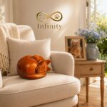 Sleeping Cat Pet Ashes Urn Brown Wood Effect Finish Infinity Pet Crematorium