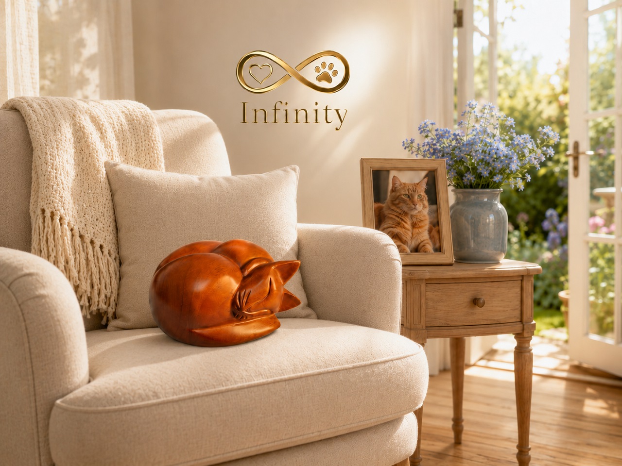 Sleeping Cat Pet Ashes Urn Brown Wood Effect Finish Infinity Pet Crematorium